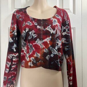 Long-Sleeve Boho Tie-Dye Shirt – Crop Length – Maroon & Navy – Sz S